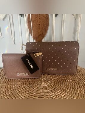 bebe Sagan flap crossbody w/wallet.  Taupe